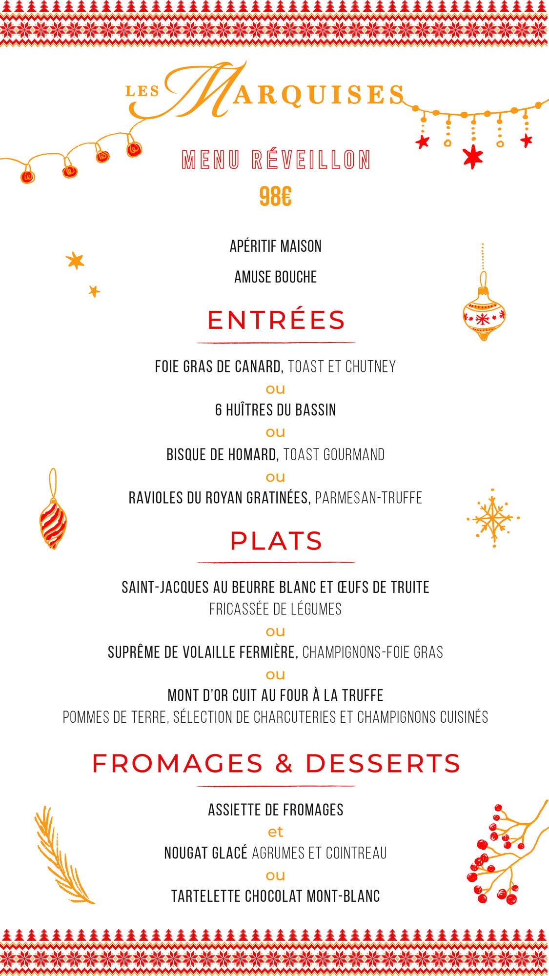 Menu fêtes restaurant Les Marquises 2025