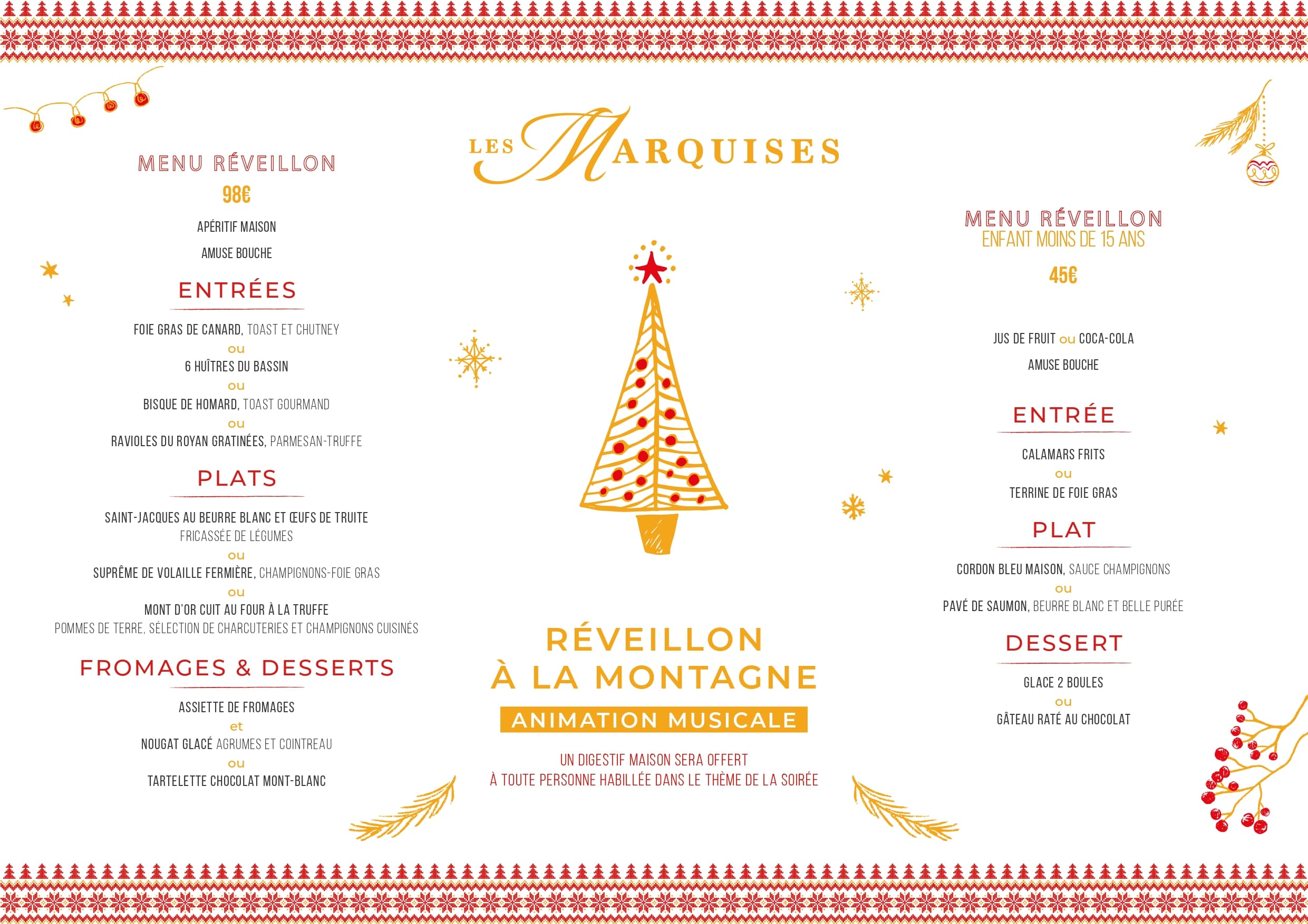 Menu fêtes restaurant Arcachon Les Marquises 2025